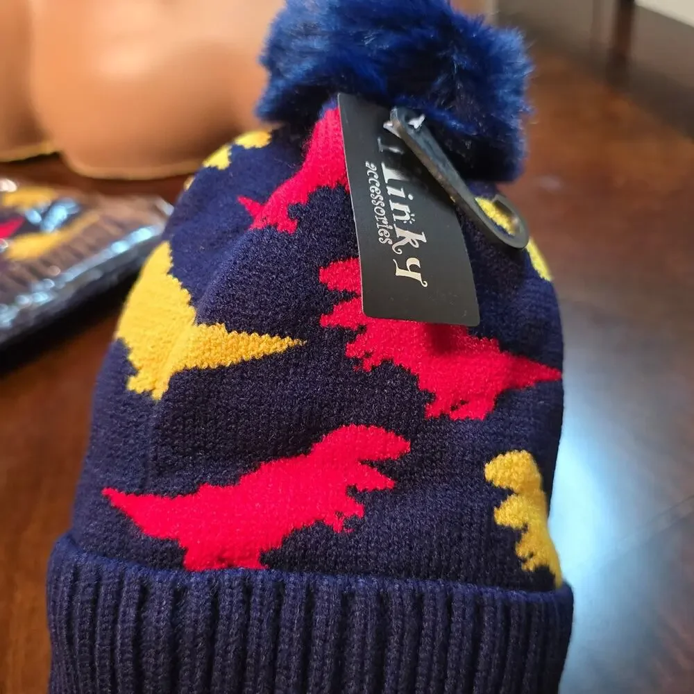 Minky Navy Dinosaur Pom Pom infant Beanie Hat NWT